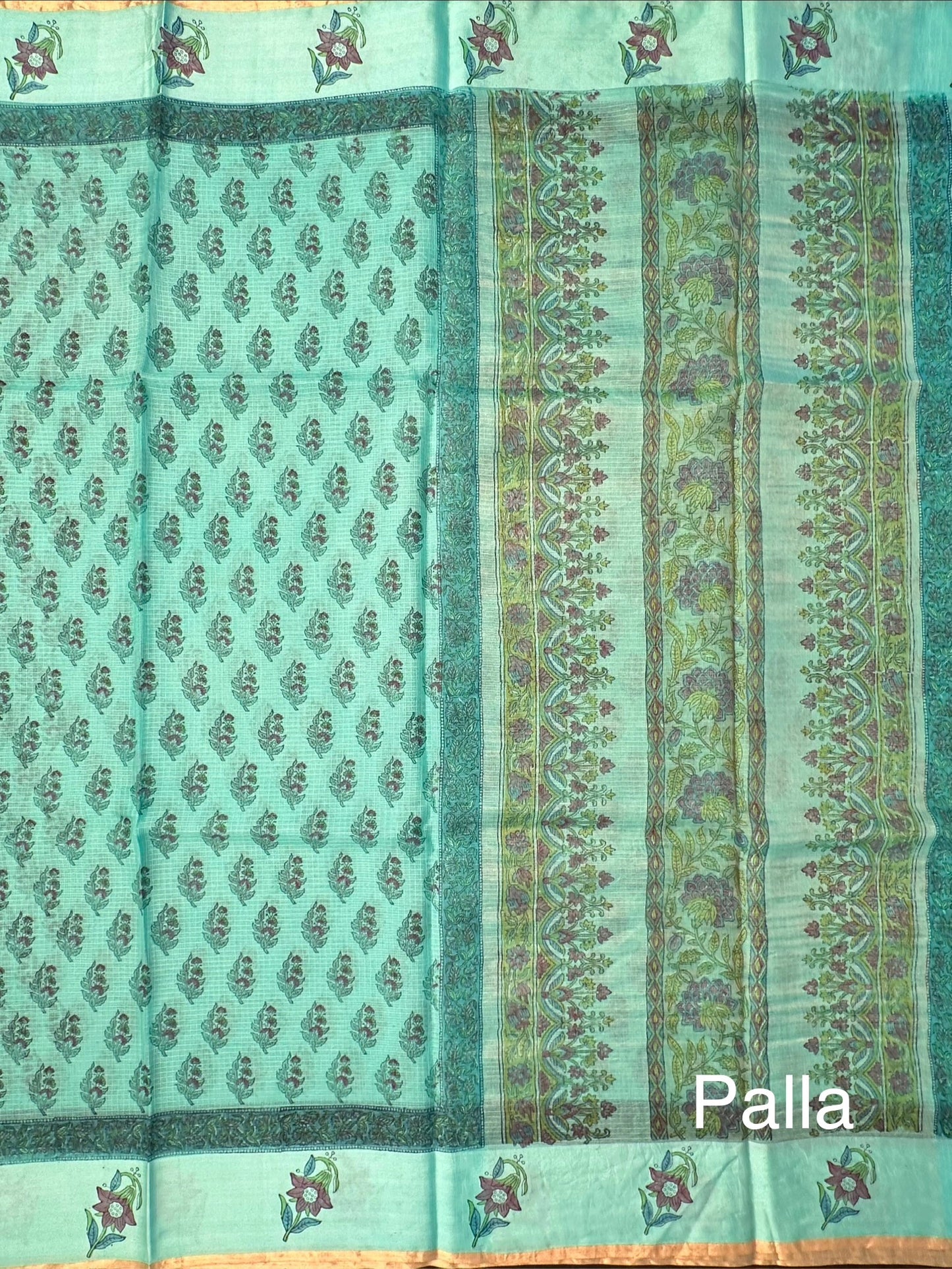 Sea Green Hand Block-Print Pure Kota Doria Silk Saree