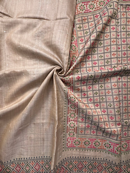 Beige Pure Tussar Silk Saree With Embroidery