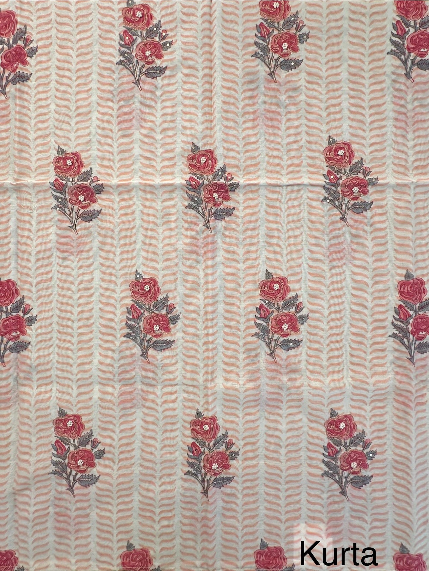 Off White-Peach Hand Block Printed Chanderi 3-Piece Unstitched Suit with Aari Work