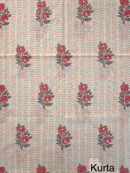 Off White-Peach Hand Block Printed Chanderi 3-Piece Unstitched Suit with Aari Work