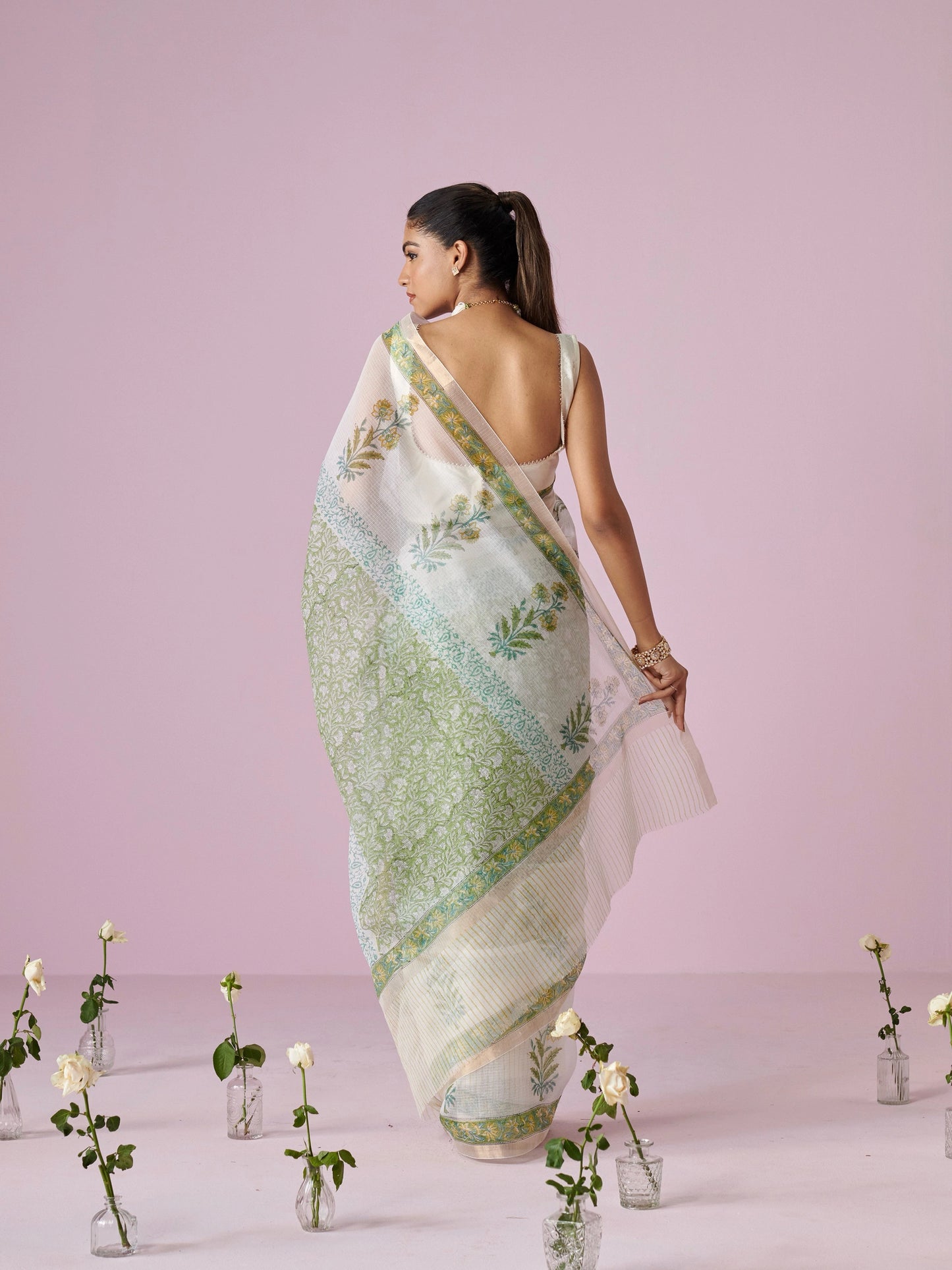 Off White- Green Block Printed Kota Doria Cotton Saree