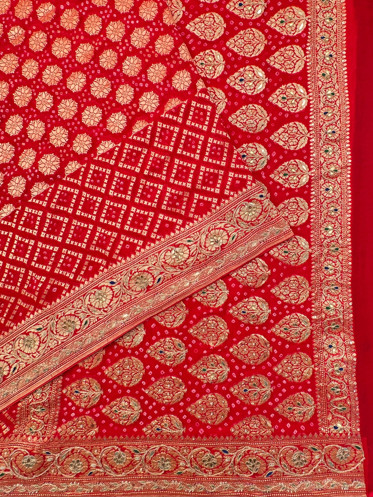 Red Pure Georgette Gharchola Bandhej With Hand Work Saree