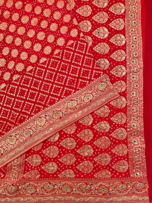 Red Pure Georgette Gharchola Bandhej With Hand Work Saree