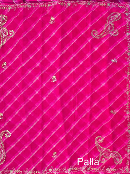 Rani Kyra Leheriya Kota Doria Pure Silk Saree With Gota Patti Work
