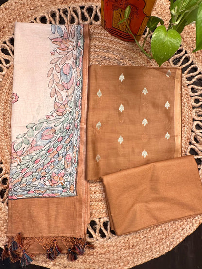 Brown Chanderi 3-Piece Unstitched Suit with Madhubani Dupatta