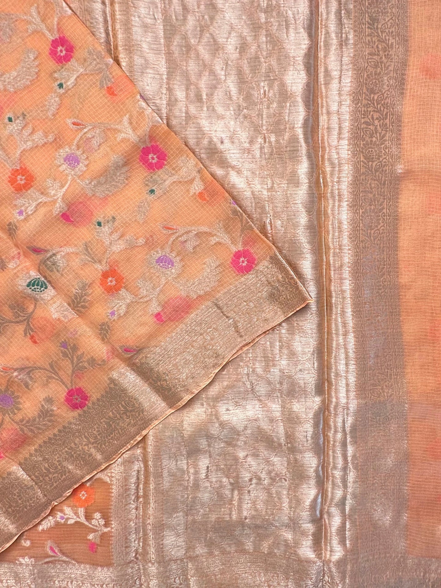 Peach Pure Kota Doria Silk Saree