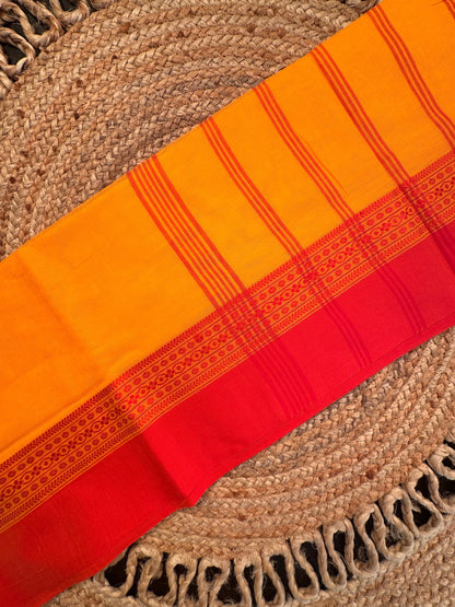 Mustard-Red Piku Bengal Cotton Saree