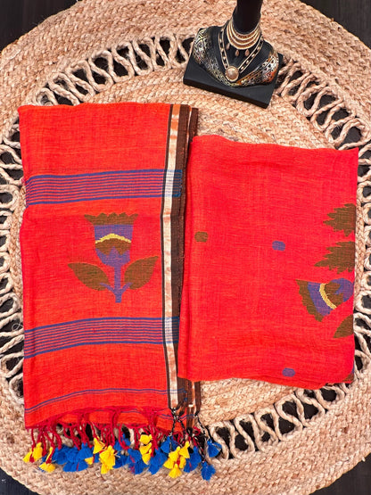 Kesari Orange Linen Dhakai 2 Piece Kurta Dupatta Unstitched Set