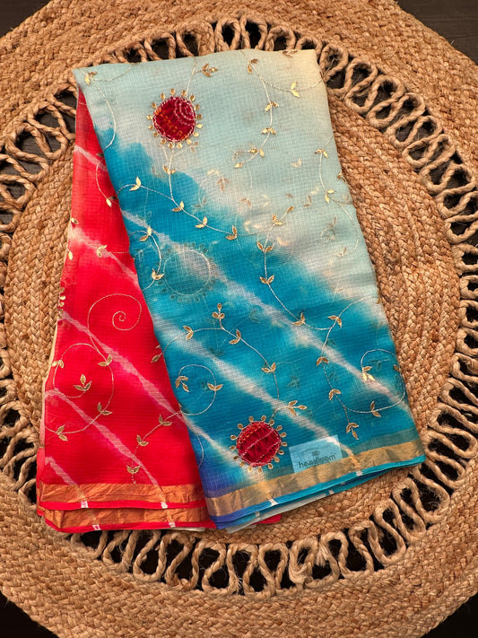 Firozi-Orange Kota Doria Pure Silk Saree With Gota Patti Work