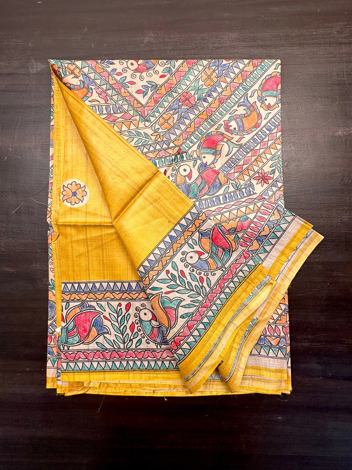 Yellow Madhubani Art Pure Tussar Silk Saree