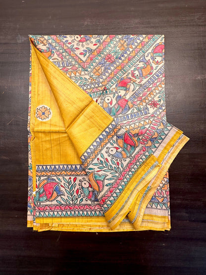 Yellow Madhubani Art Pure Tussar Silk Saree