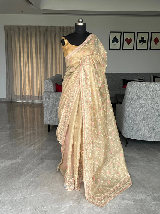Cream Fancy Tissue Saree