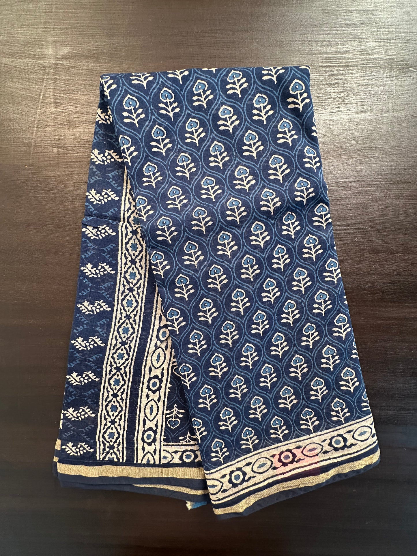 Indigo Blue Block Print Cotton Blend Saree