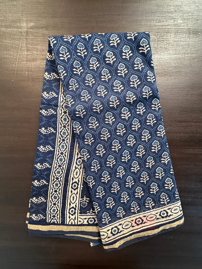 Indigo Blue Block Print Cotton Blend Saree