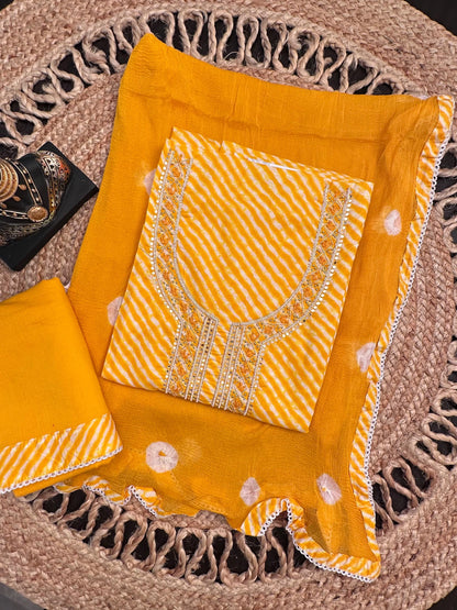 Yellow Leheriya Cotton 3-Piece Suit
