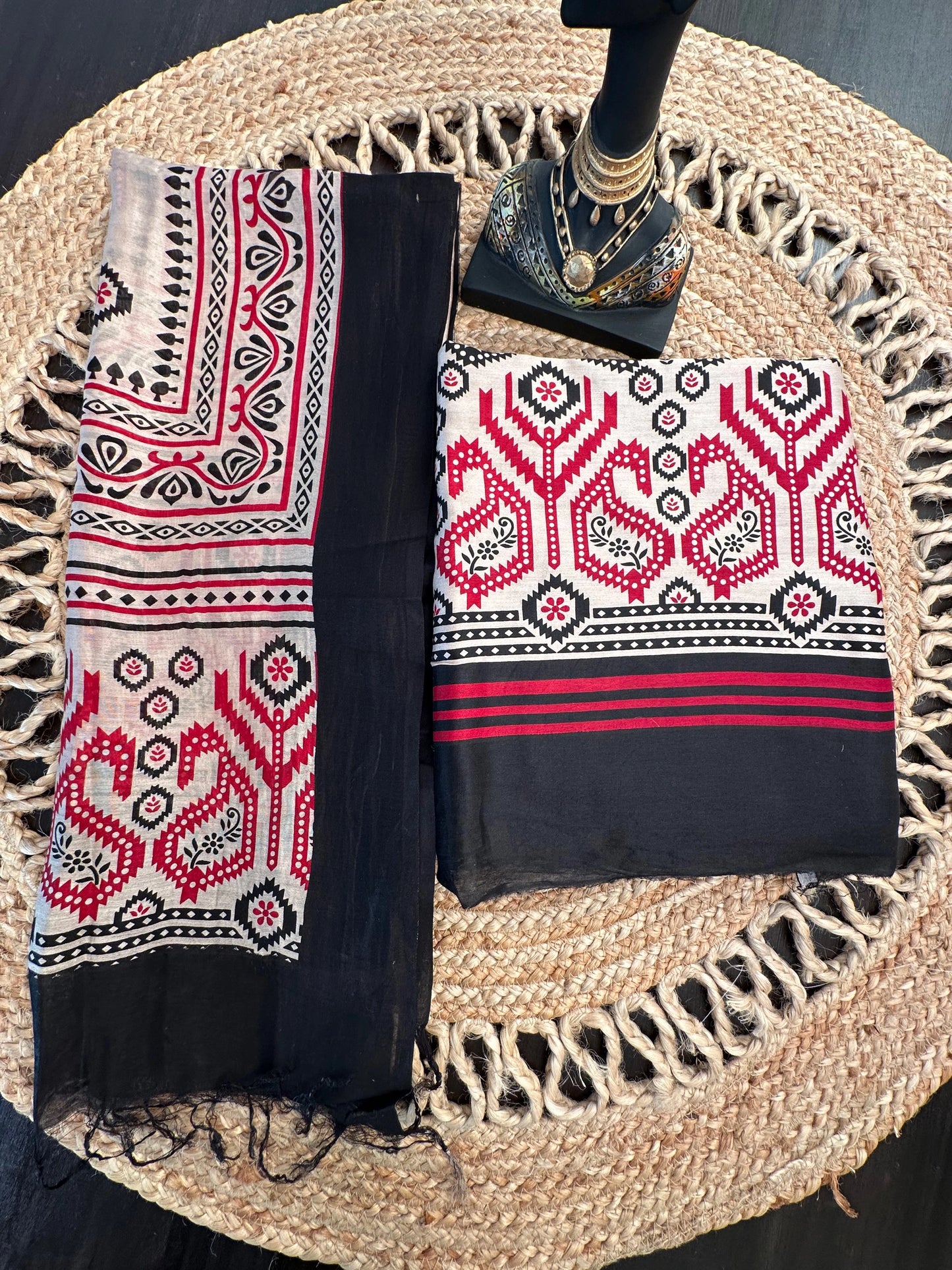 Black-Red Printed Chanderi 3-Piece Unstitched Suit