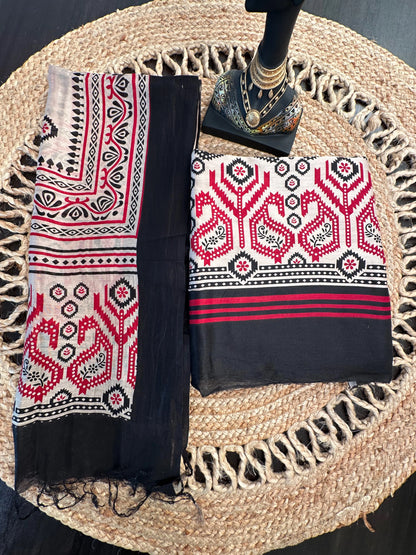 Black-Red Printed Chanderi 3-Piece Unstitched Suit