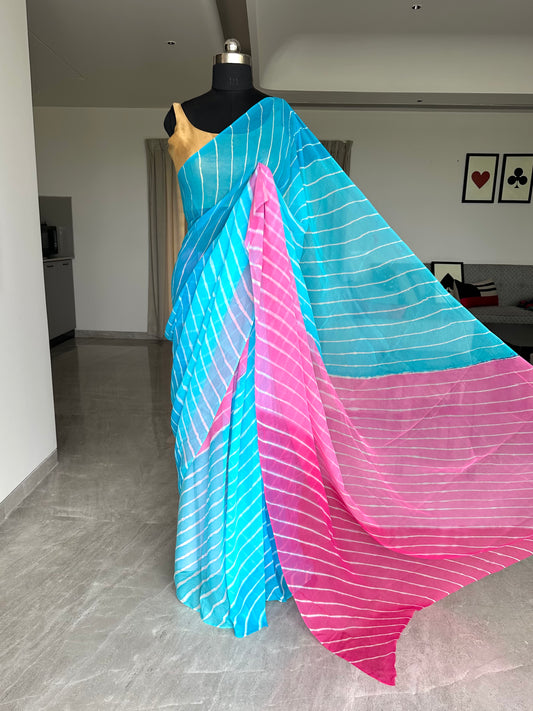 Firozi-Pink Leheriya Pure Georgette Saree