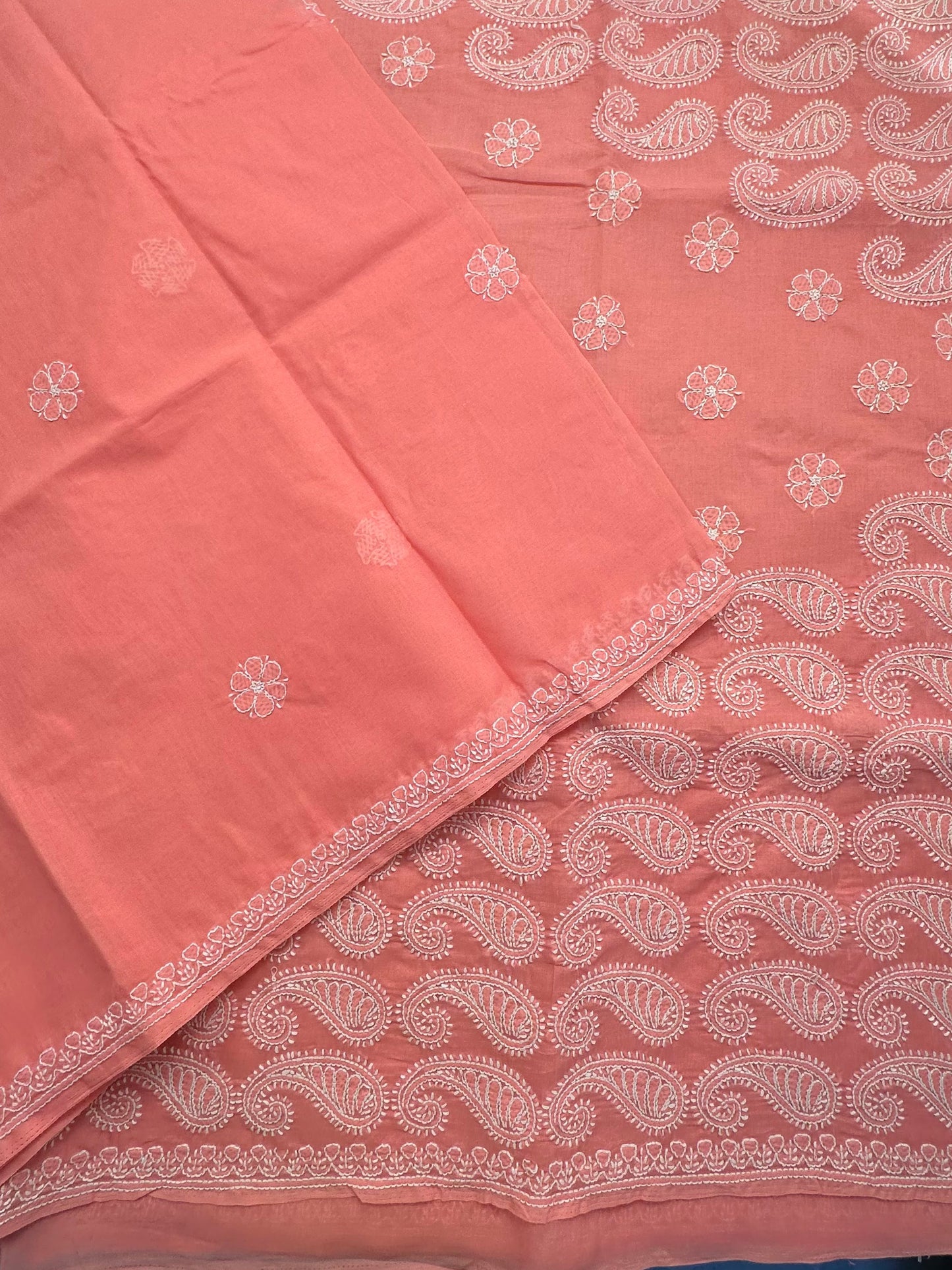 Coral Pink Chikankari Cotton Saree