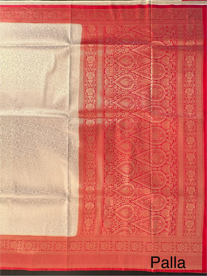 Cream-Red Blended Jamawar Saree