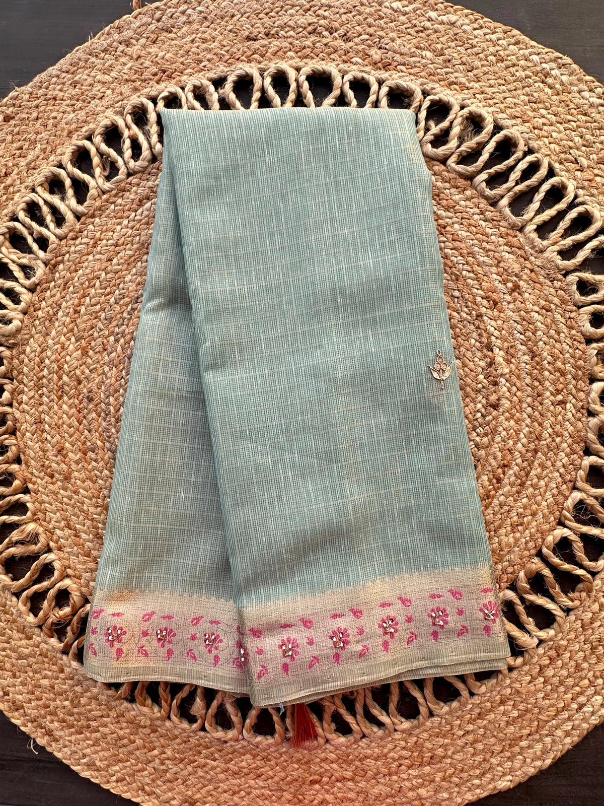 Sea Green Fancy Zari Cotton Saree With Hand Work