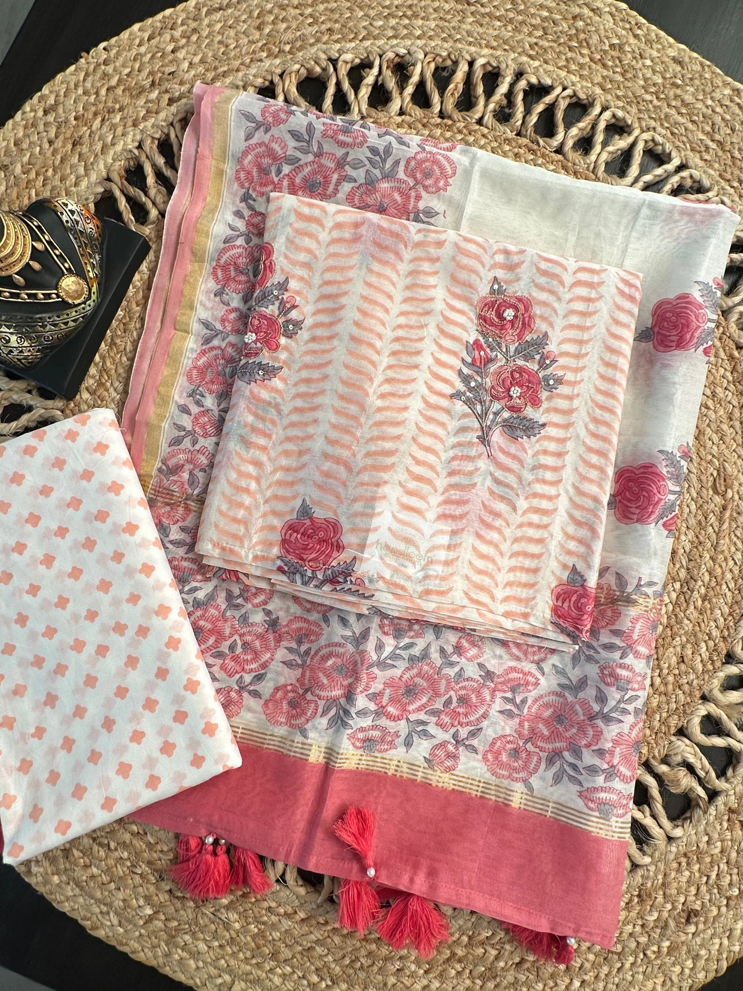 Off White-Peach Hand Block Printed Chanderi 3-Piece Unstitched Suit with Aari Work