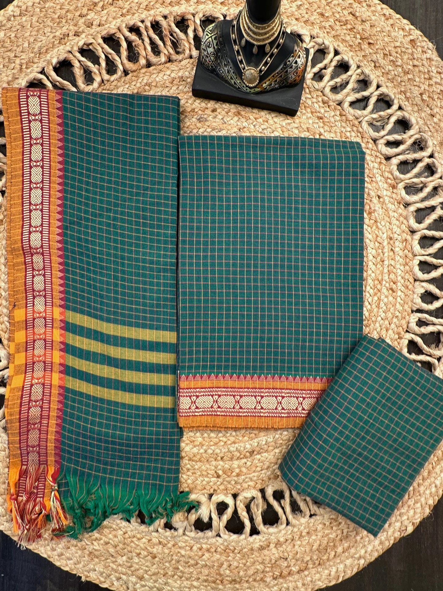 Bottle Green Checkered Dharwad South Cotton 3-Piece Suit