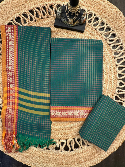 Bottle Green Checkered Dharwad South Cotton 3-Piece Suit