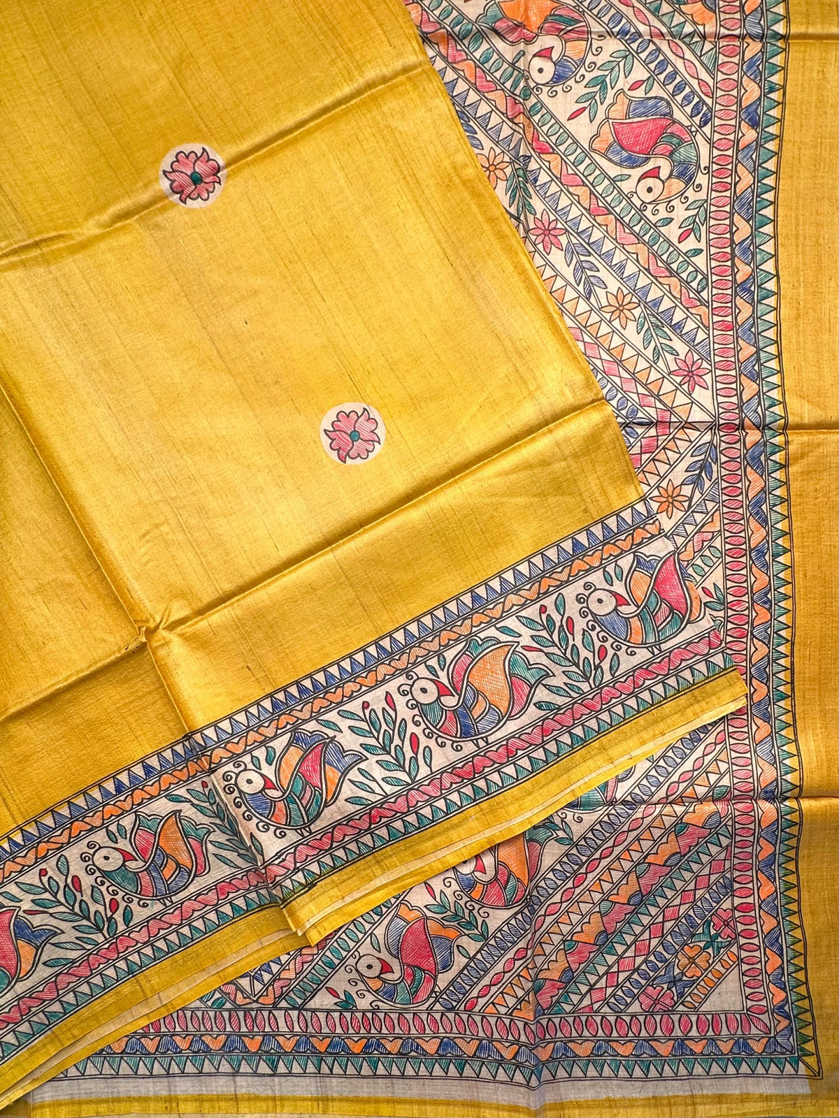 Yellow Madhubani Art Pure Tussar Silk Saree