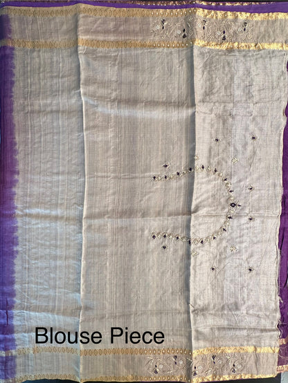 Purple Zardozi Work Pure Tussar Silk Saree
