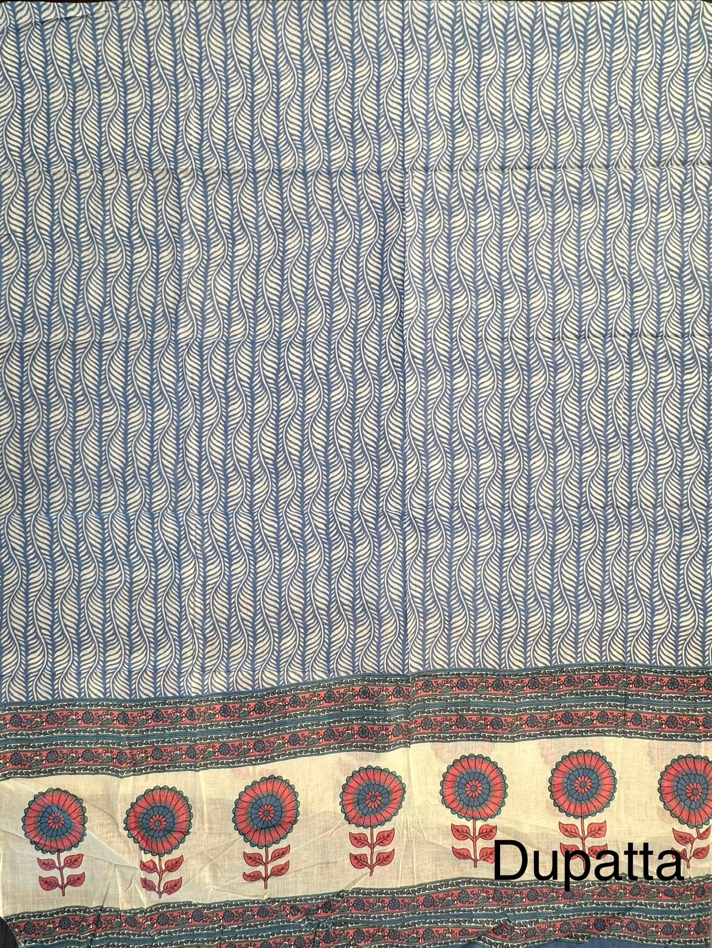 Cream-Blue Jaipuri Cotton 3-Piece Suit