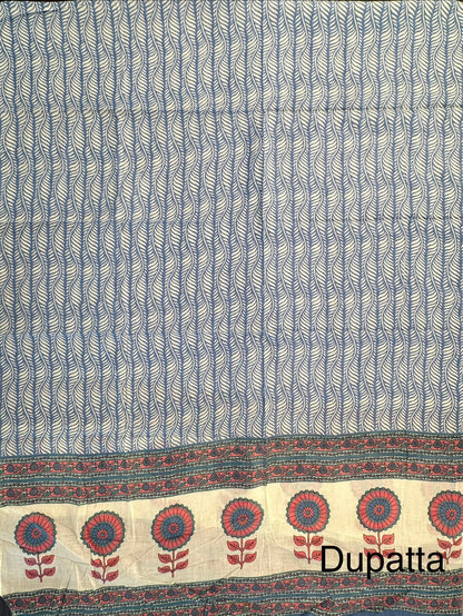 Cream-Blue Jaipuri Cotton 3-Piece Suit