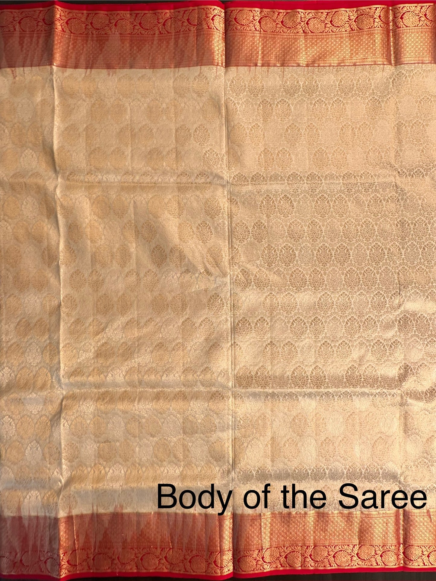 Cream-Red Handloom Kanjivaram Jamawar Pure Silk Saree