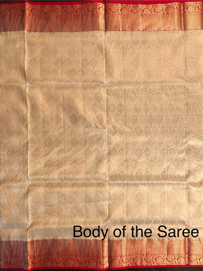 Cream-Red Handloom Kanjivaram Jamawar Pure Silk Saree