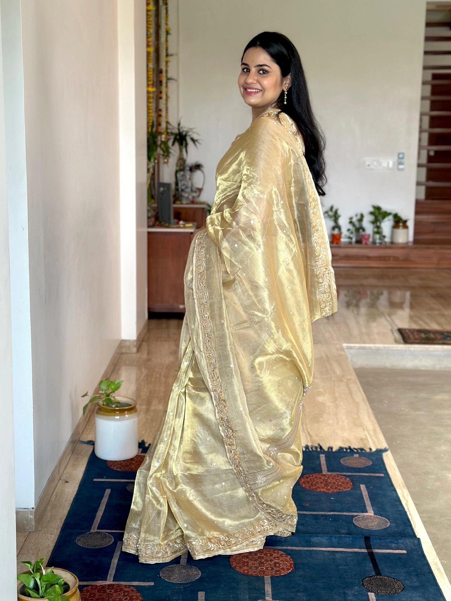 Golden Tissue Silk Saree With Zardozi Work