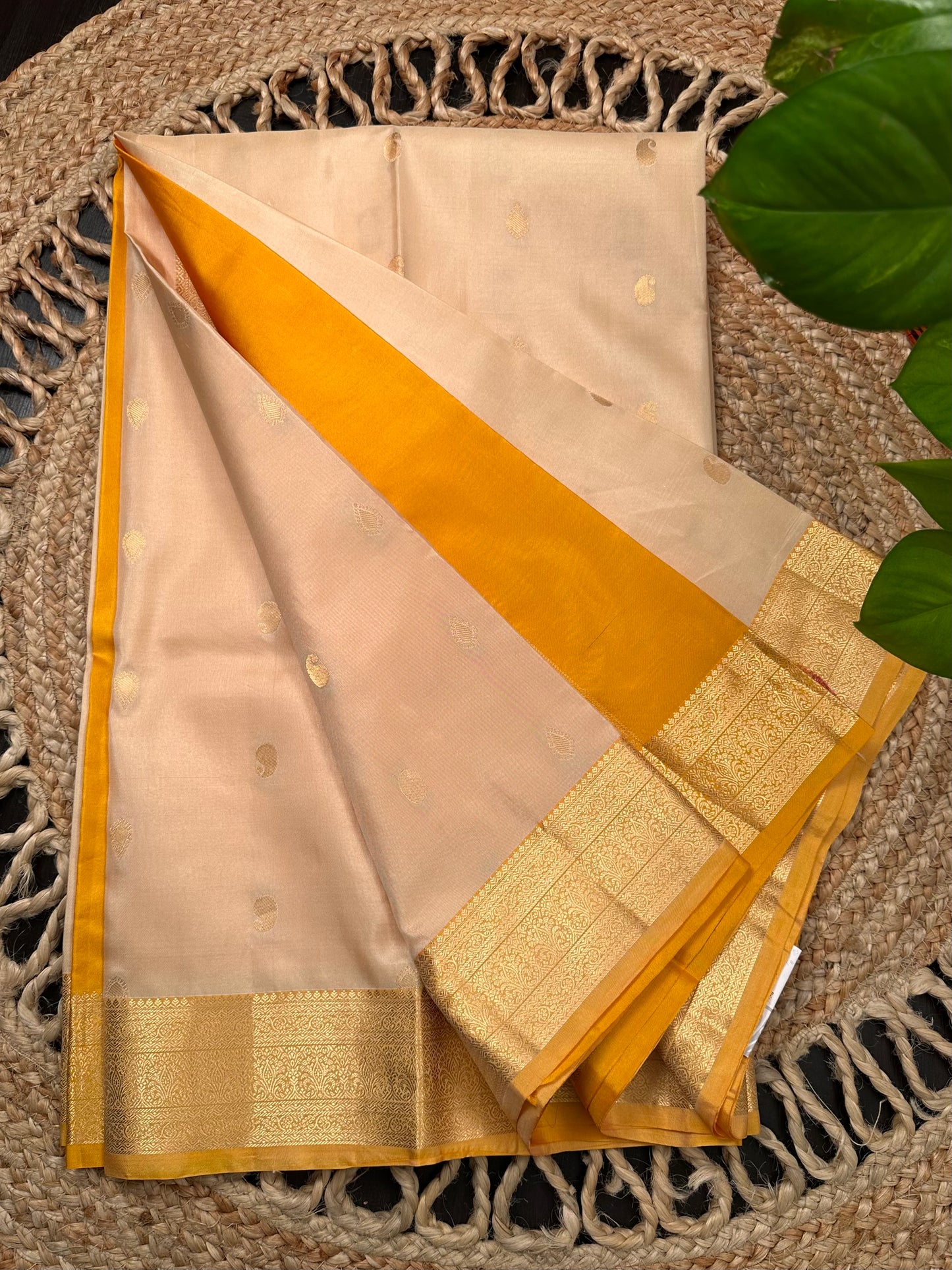 Cream-Yellow Pondicherry Pure Silk Saree
