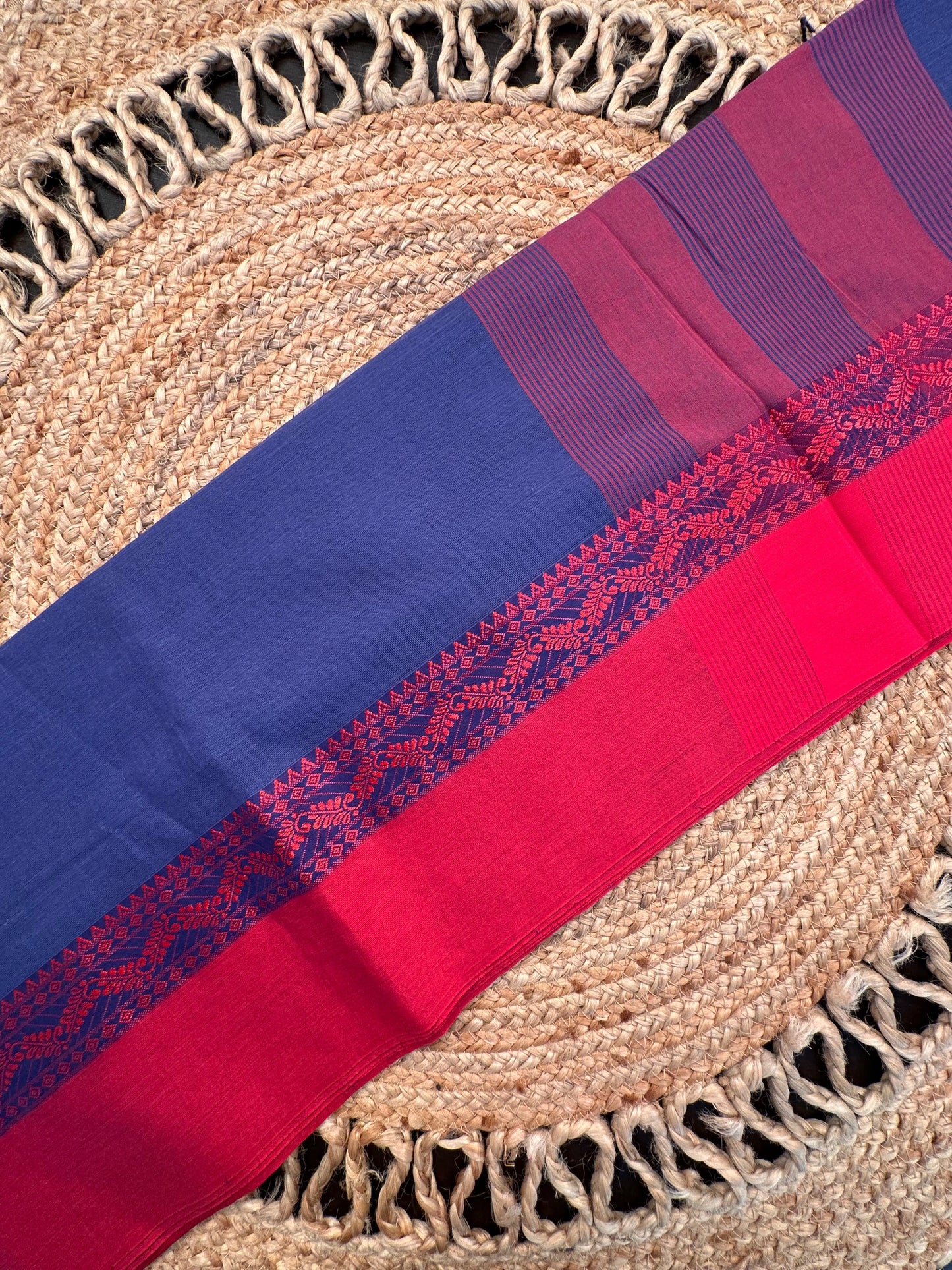 Violet Blue-Red Piku Bengal Cotton Saree