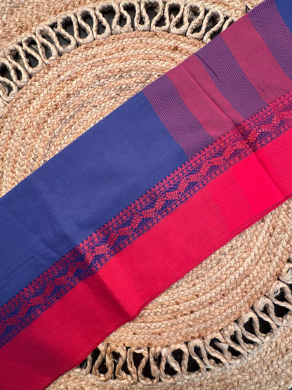 Violet Blue-Red Piku Bengal Cotton Saree