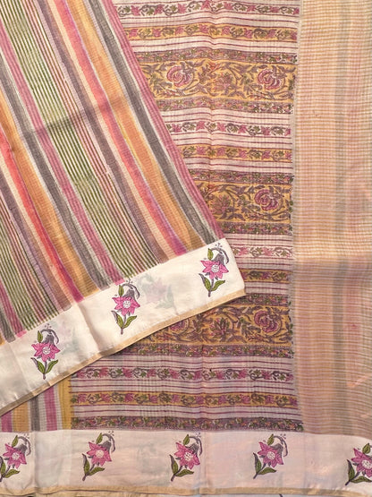Peach-Multi Colour Hand Block-Print Pure Kota Doria Silk Saree