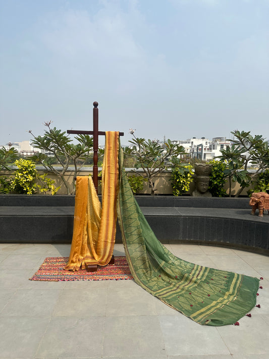 Mustard-Green Block Print Chanderi Saree With Kaantha Stitch