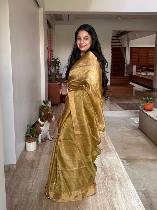 Mehndi Green Emboss Pure Tissue Silk Saree