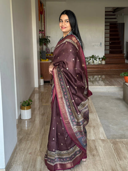 Dark Brown Muga Silk Saree
