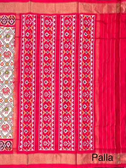 Off White-Red Patola Pure Silk Saree