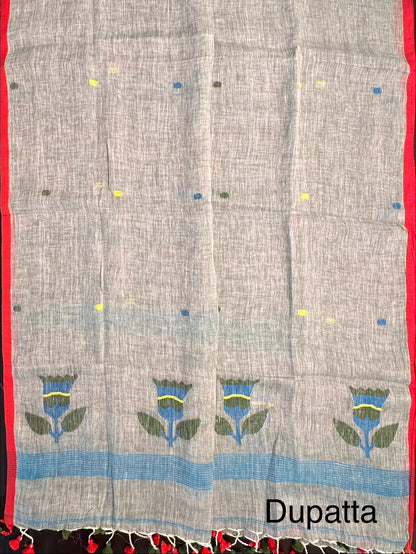 Gray Linen Dhakai 2 Piece Kurta Dupatta Unstitched Set