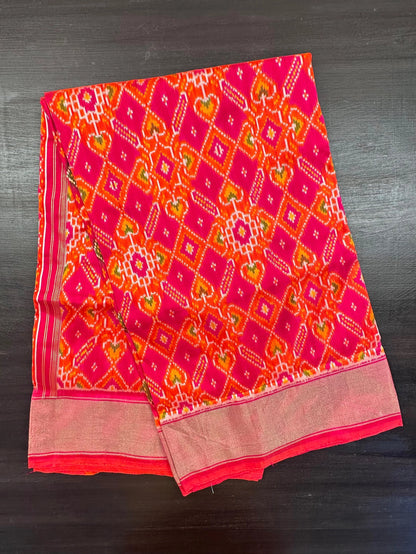 Orange-Rani (Dual Colour) Ikkat Pure Silk Saree