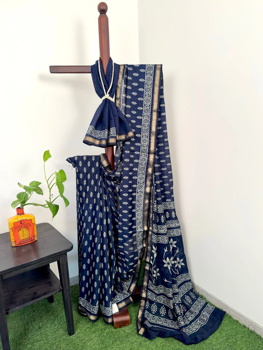 Indigo Blue Printed Cotton Blend Saree