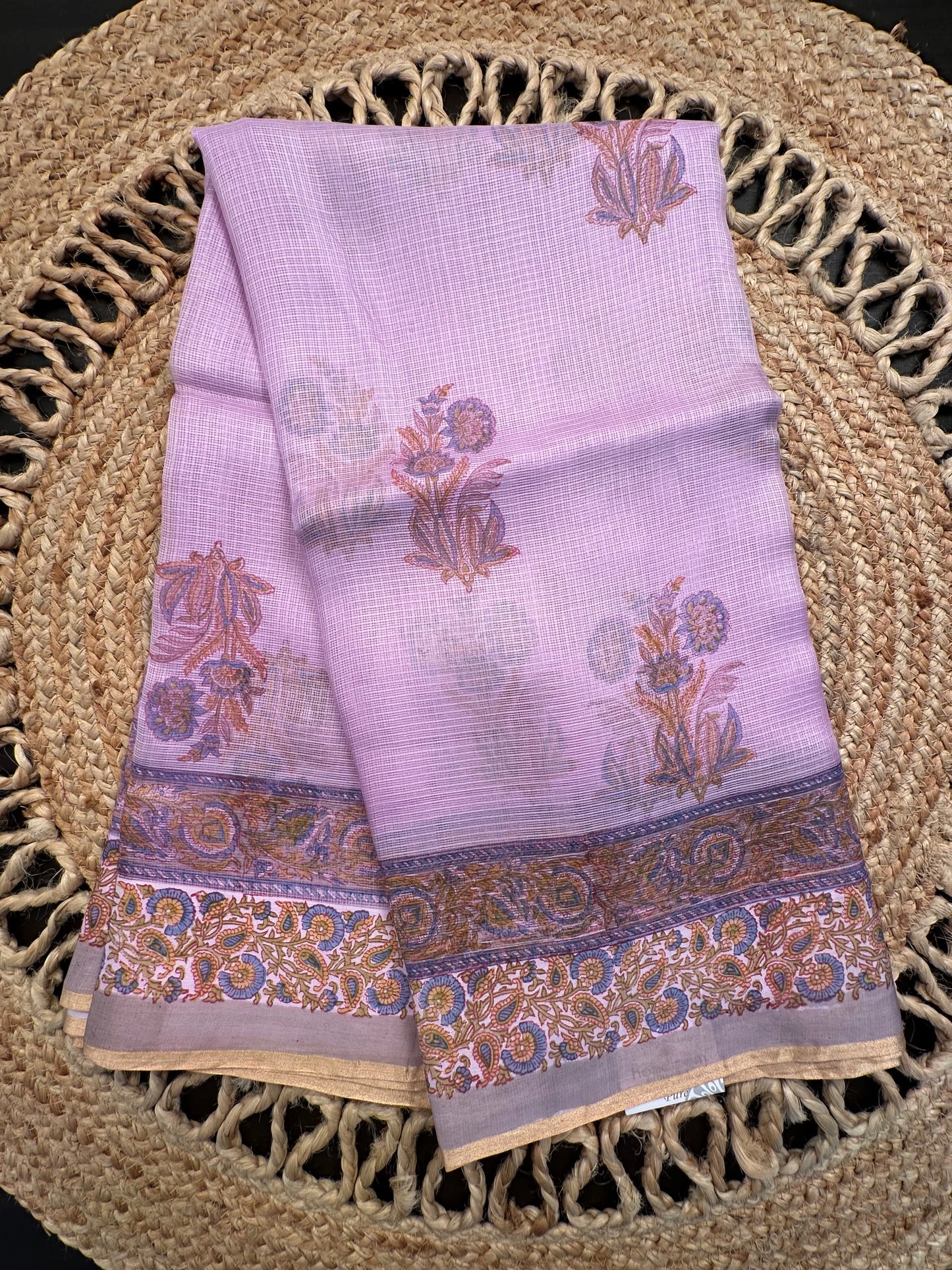 Purple Hand Block-Print Pure Kota Doria Silk Saree