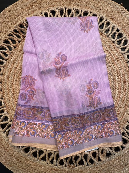Purple Hand Block-Print Pure Kota Doria Silk Saree