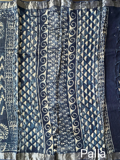 Indigo Hand Block Print Linen Saree