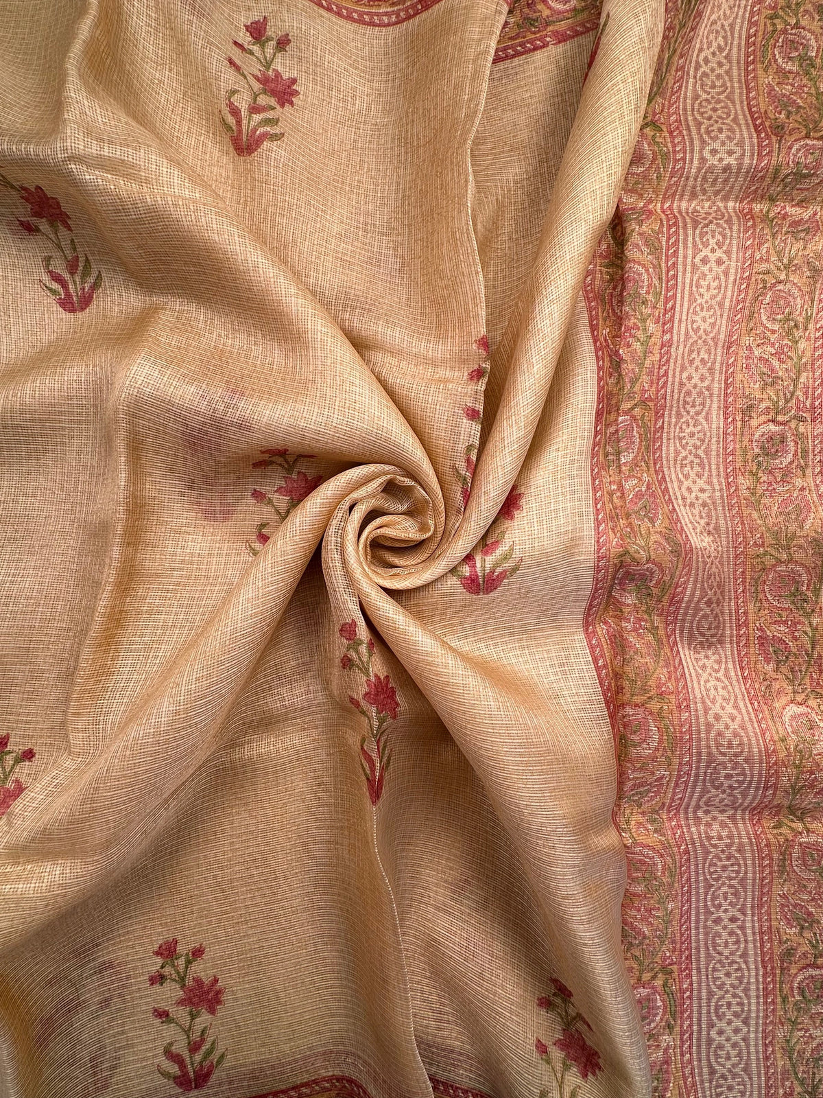 Beige Hand Block-Print Pure Kota Doria Silk Saree